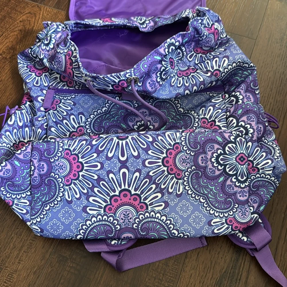 VERA BRADLEY BACKPACK LARGE PURPLE PINK WHITE FLORAL MEDALLION PRINT WHIMSY NWOT